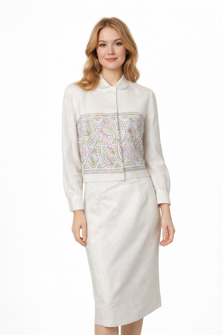 Anne Fogarty x Kassel Boutique Embroidered Linen Skirt Suit 1960s medium